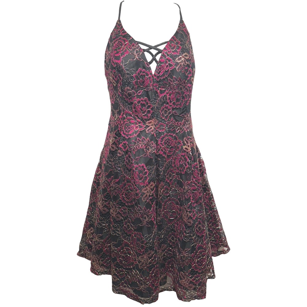 Jump Apparel Wendy Liu Black Pink Gold Lace Criss Cross Halter‎ Dress 9 10 Prom